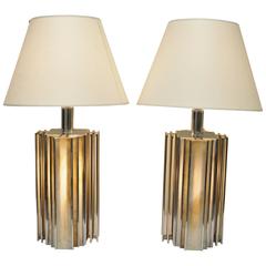 Pair of Mid-Century Modern Chrome and Slag Glass Table Lamps, Art Deco Style