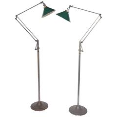 Antique Two circa 1915 Dazor Articulating Iron Floor Lamps with Green Shades