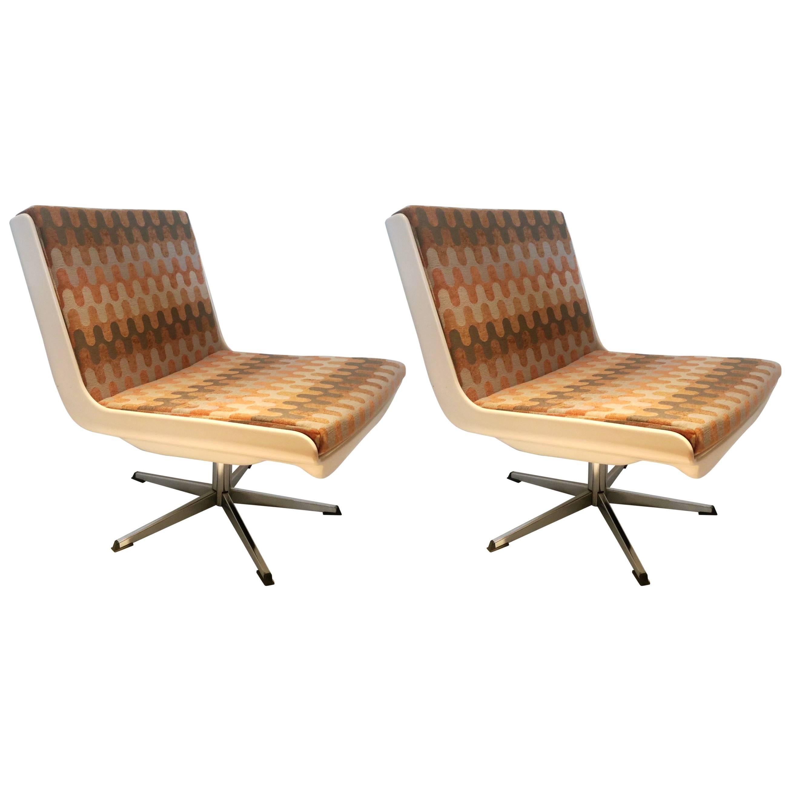 1960s Scandinavian Modern Pair of Slipper Chairs with Swivel Chrome Base