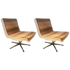 Vintage 1960s Scandinavian Modern Pair of Slipper Chairs with Swivel Chrome Base