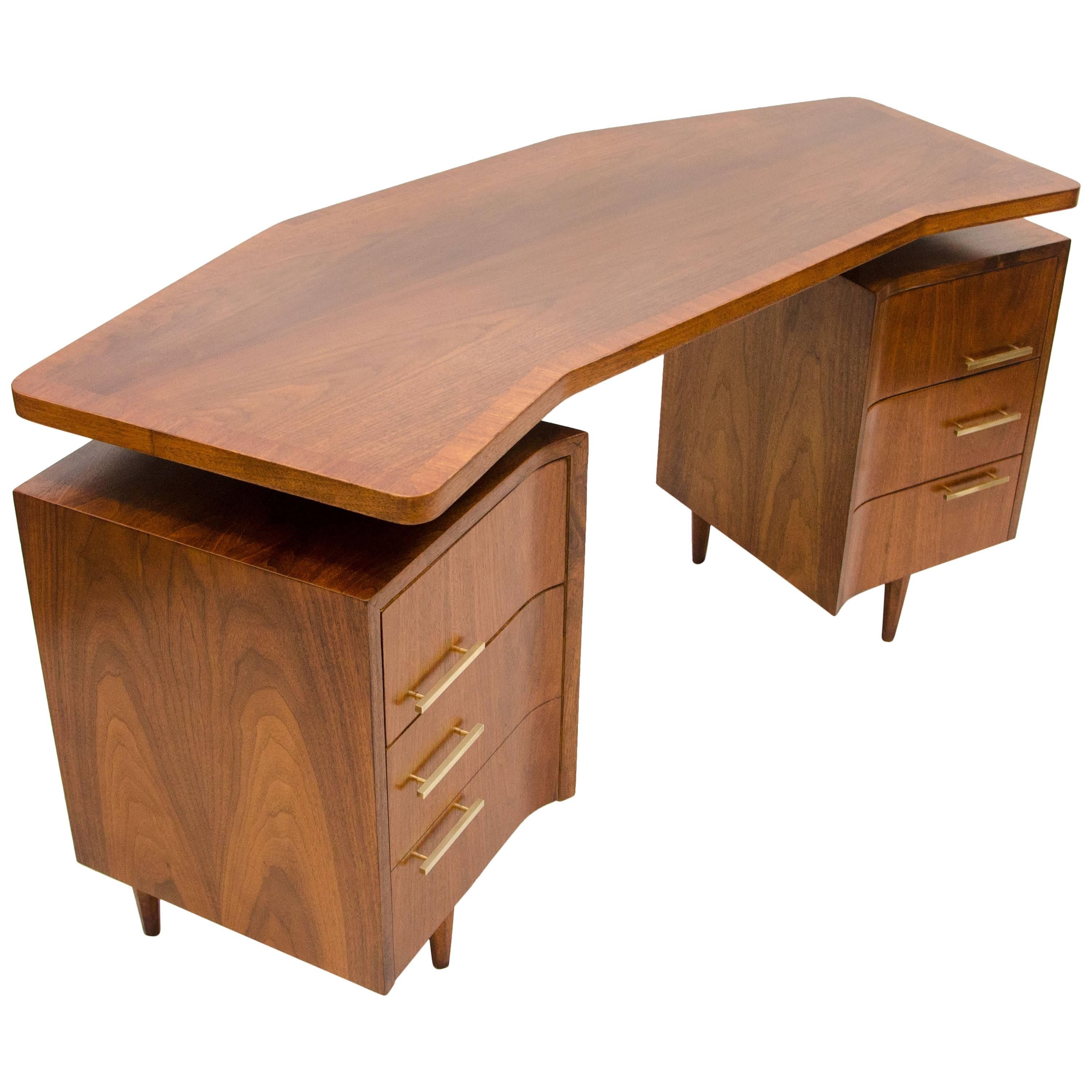 Midcentury Walnut Curved Desk, Floating Top
