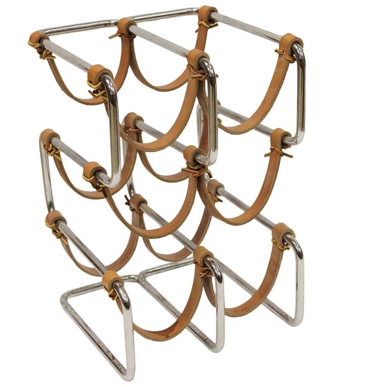 Stylish MidCentury Chrome and Leather Wine Rack For Sale at 1stDibs