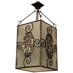 French Art Deco Lantern / Chandelier with Mythical Plaques 