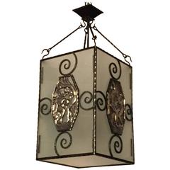 French Art Deco Lantern / Chandelier with Mythical Plaques 11