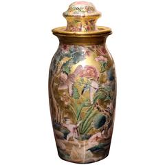 English Decalcomania Chinoisere Decorated Glass Vase and Cover, circa 1840