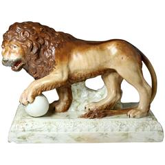Antique Staffordshire Pottery Pearlware Figure of a Lion on Base, 19th Century