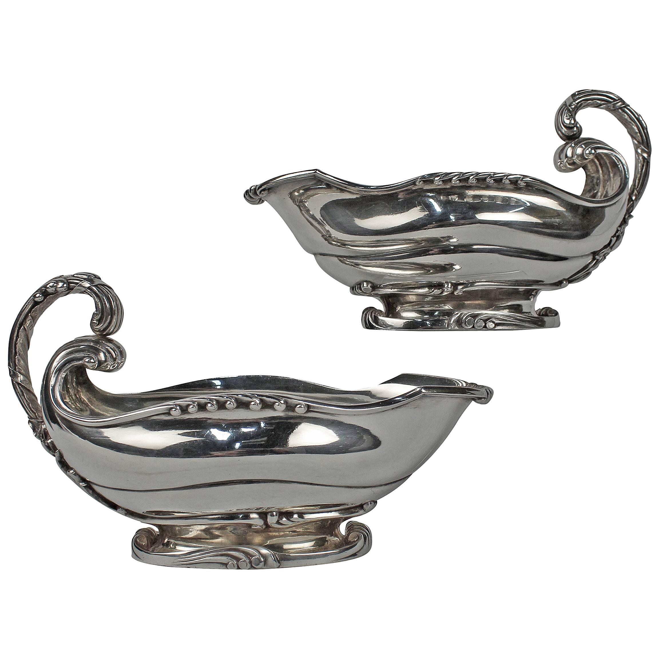 Pair of Art Nouveau Dutch Sterling Silver Sauce Boats with Cattails by Ph Saakes