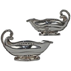 Pareja de salseras holandesas Art Nouveau de plata de ley con colas de gato de Ph Saakes