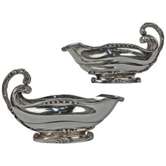 Antique Pair of Art Nouveau Dutch Sterling Silver Sauce Boats with Cattails by Ph Saakes