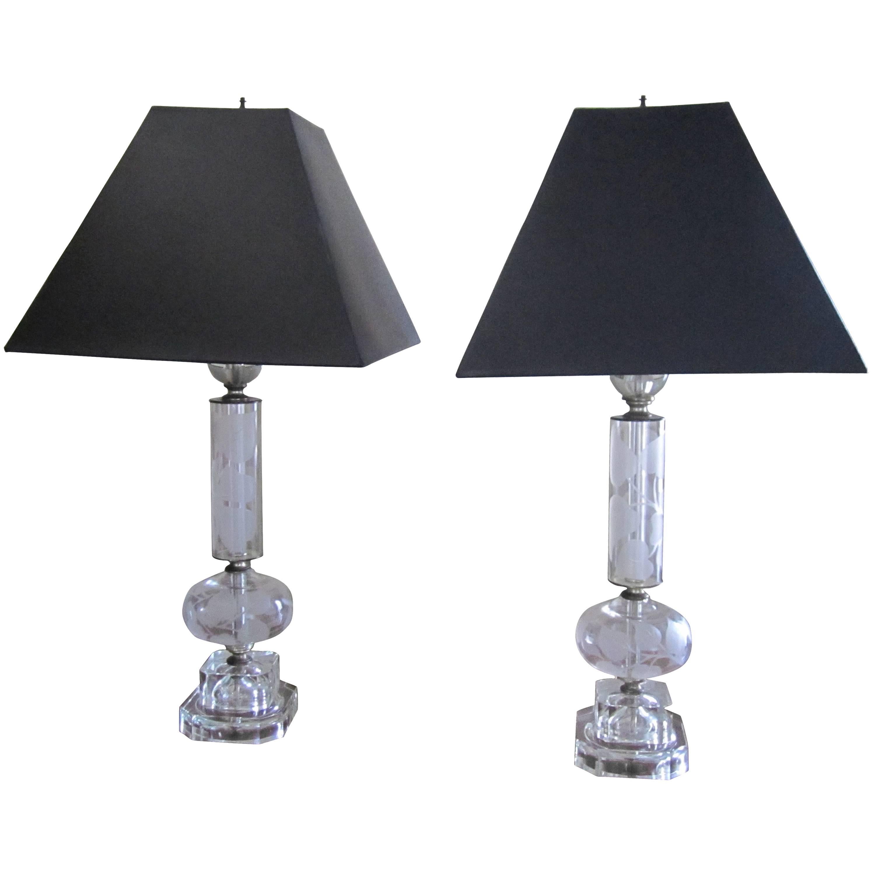  Crystal Table Lamps in the Style of Lalique, Pair, circa 1940s For Sale