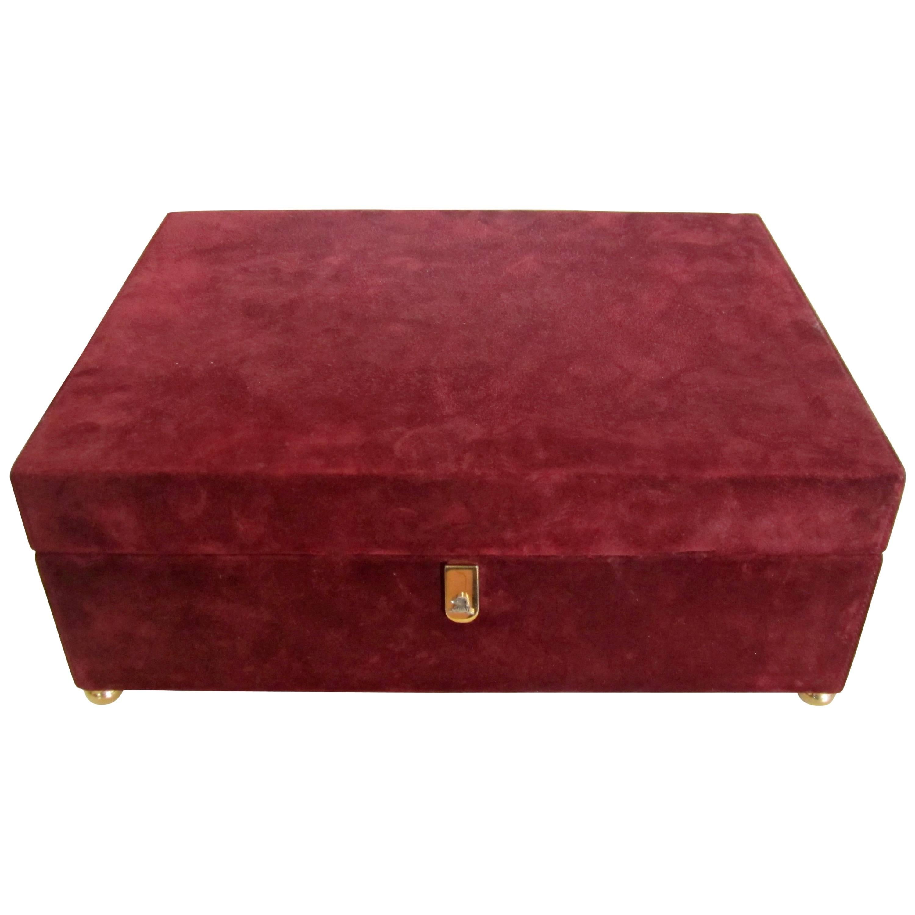 Beautiful Mark Cross Burgundy Suede and Leather Jewelry Box, Italy