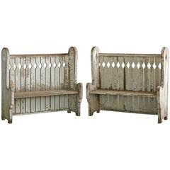 Matching Pair of Original Painted Oak High Back Settle Benches