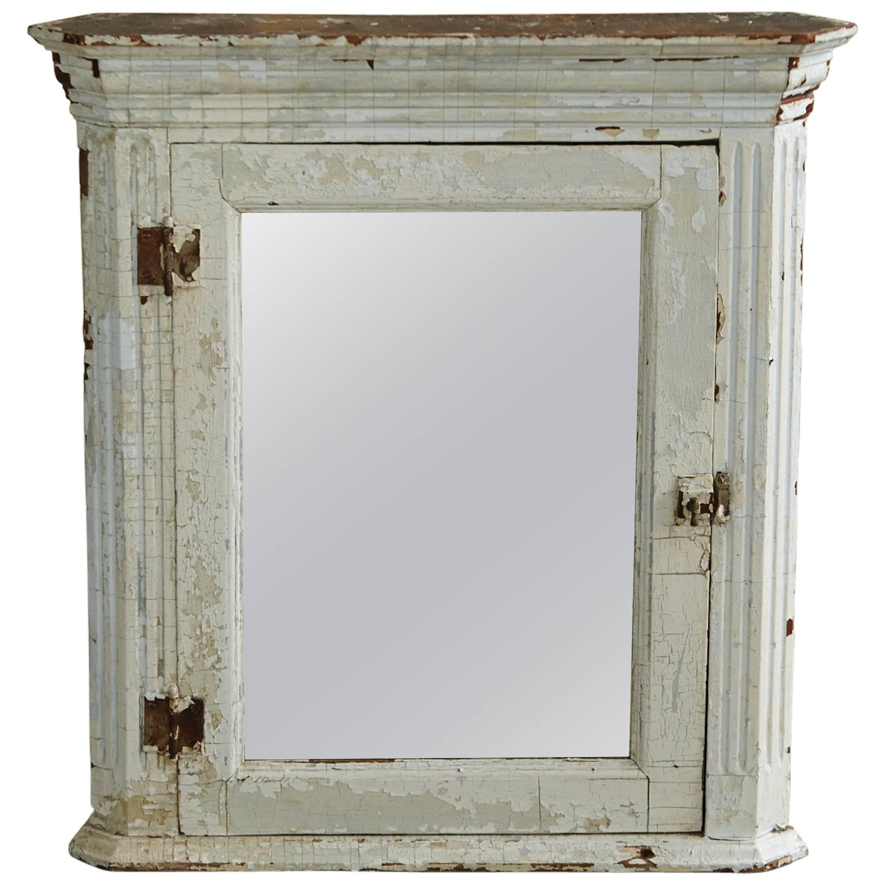 Hanging Corner Cabinet with Mirror and Weathered Patina