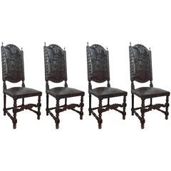 Set of Four 19th Century Spanish Chairs with Embossed Leather and Bronze Finials