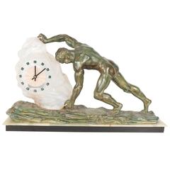 Impressive Art Deco Bronze Sculpture and Textured Glass Clock