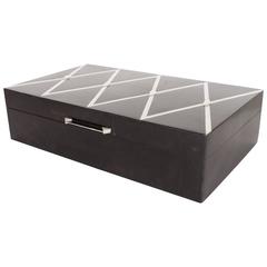 Elegant Blacktab Shell Box with Silvered Inlay and Art Deco Argyle Design