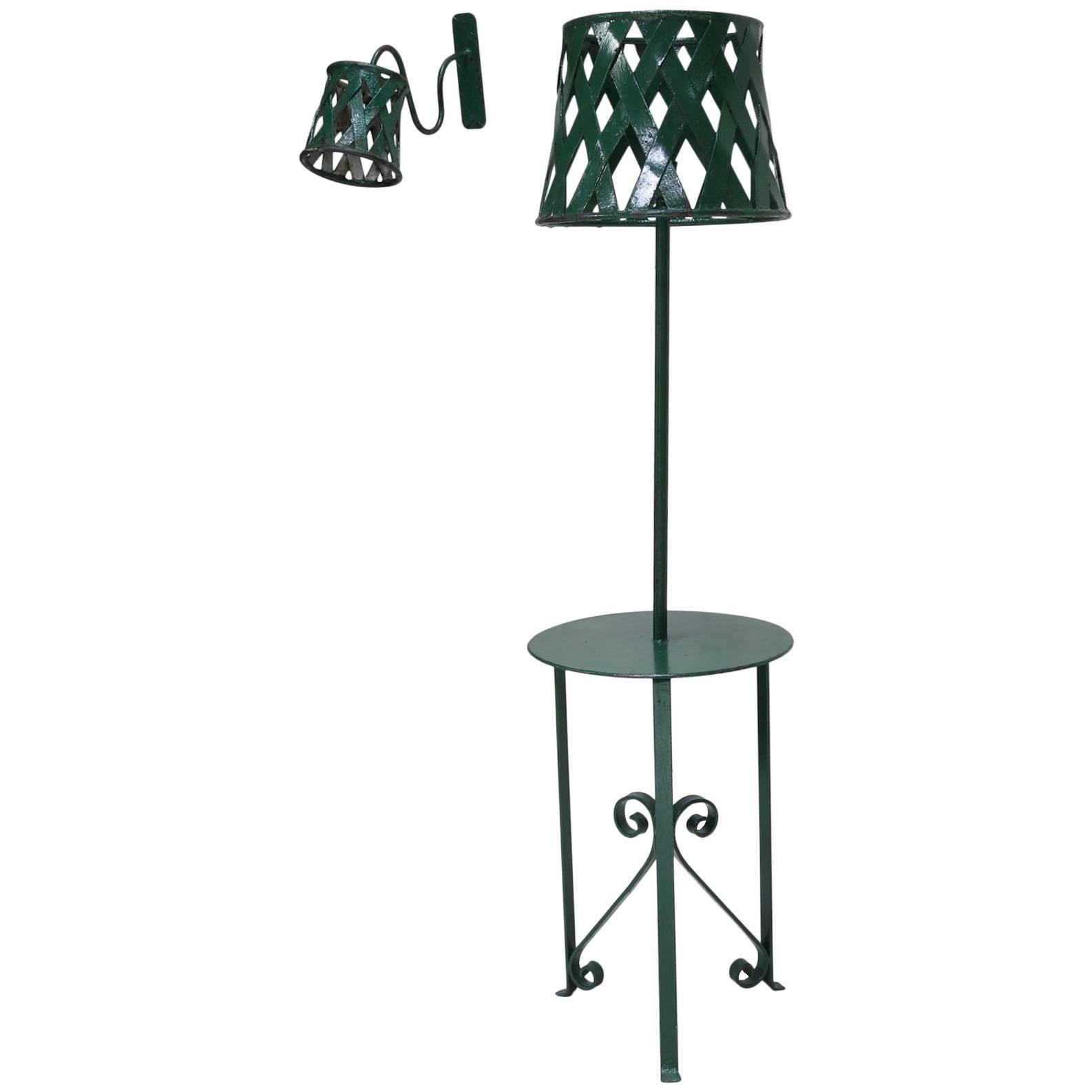 Green Painted Iron Floor Lamp and Four Sconces, France, 1950s