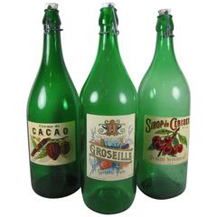 Set of Three Large Antique French Brasserie or Bistro Green Glass Sirop Bottles