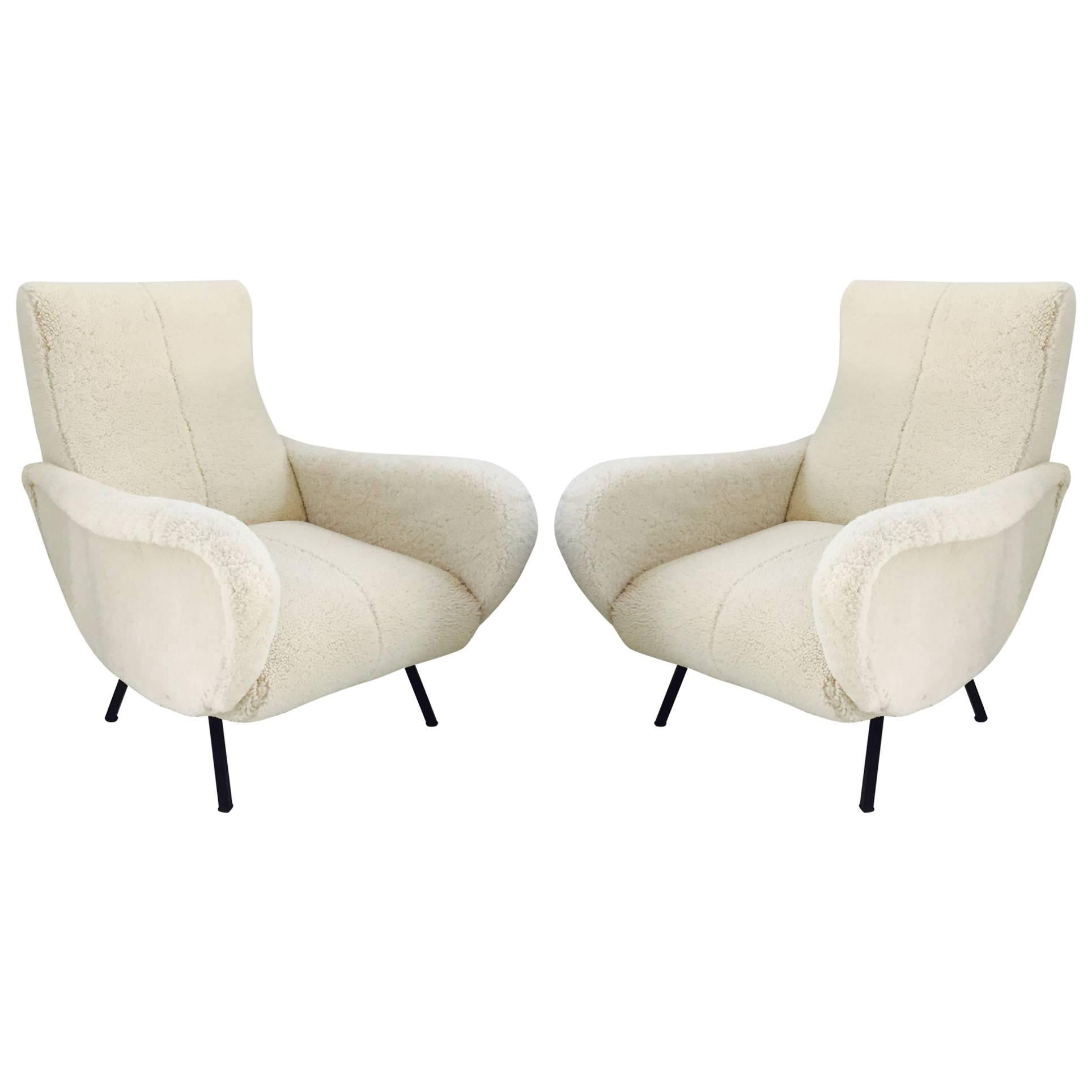Pair of Mid Century Italian Chairs, Shearling and Black Metal, circa 1950s