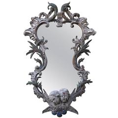 19th Century Carved Painted Mirror with Cherubs