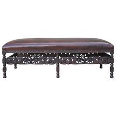 19th Century Charles II Elm Bench with Crocodile Patterned Leather
