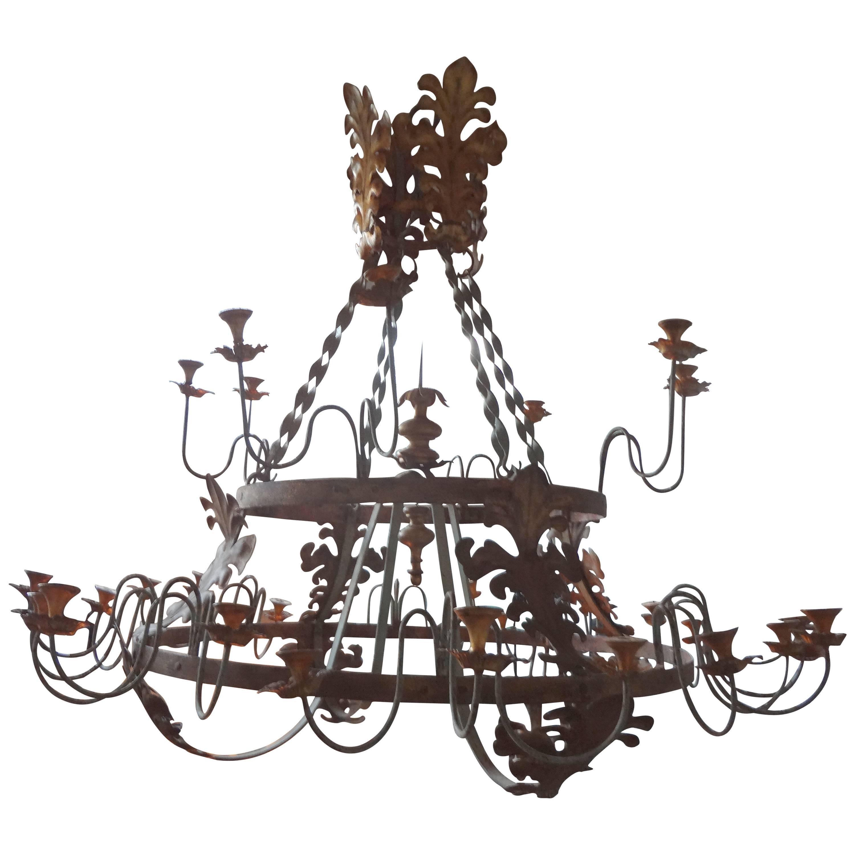 Monumental Italian Wrought Iron, Thirty-Two-Light Chandelier 72" D