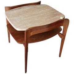 Mid Century Italian Modern Side Table by Bertha Schaefer, Travertine and Walnut