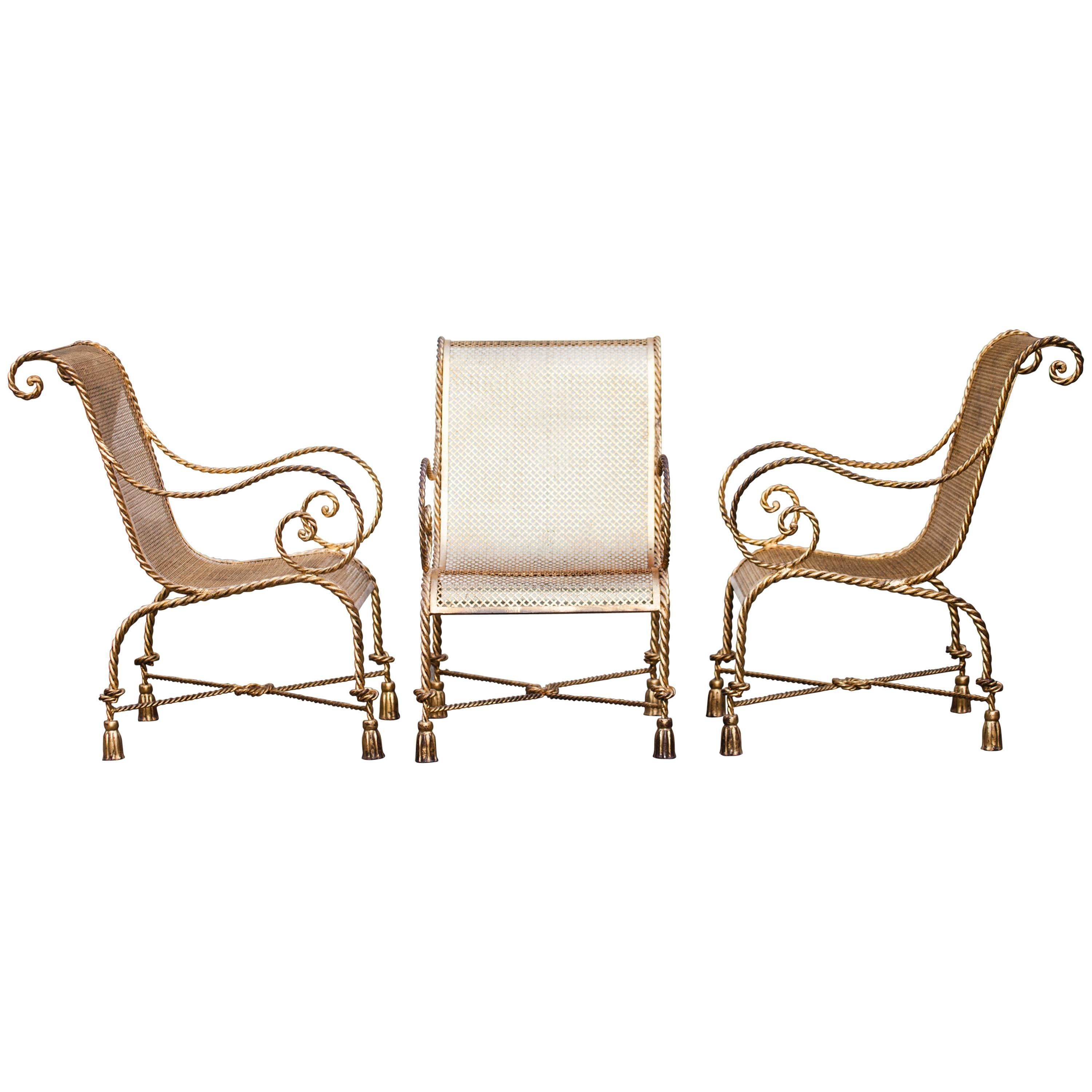 Hollywood Regency Italian Gilt Iron Tassel and Rope Chair Set