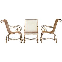 Hollywood Regency Italian Gilt Iron Tassel and Rope Chair Set