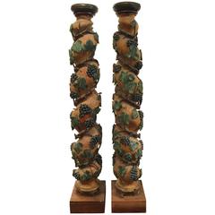 Pair of 18th Century French Carved Polychrome Columns with Vines, Grapes, Leaves