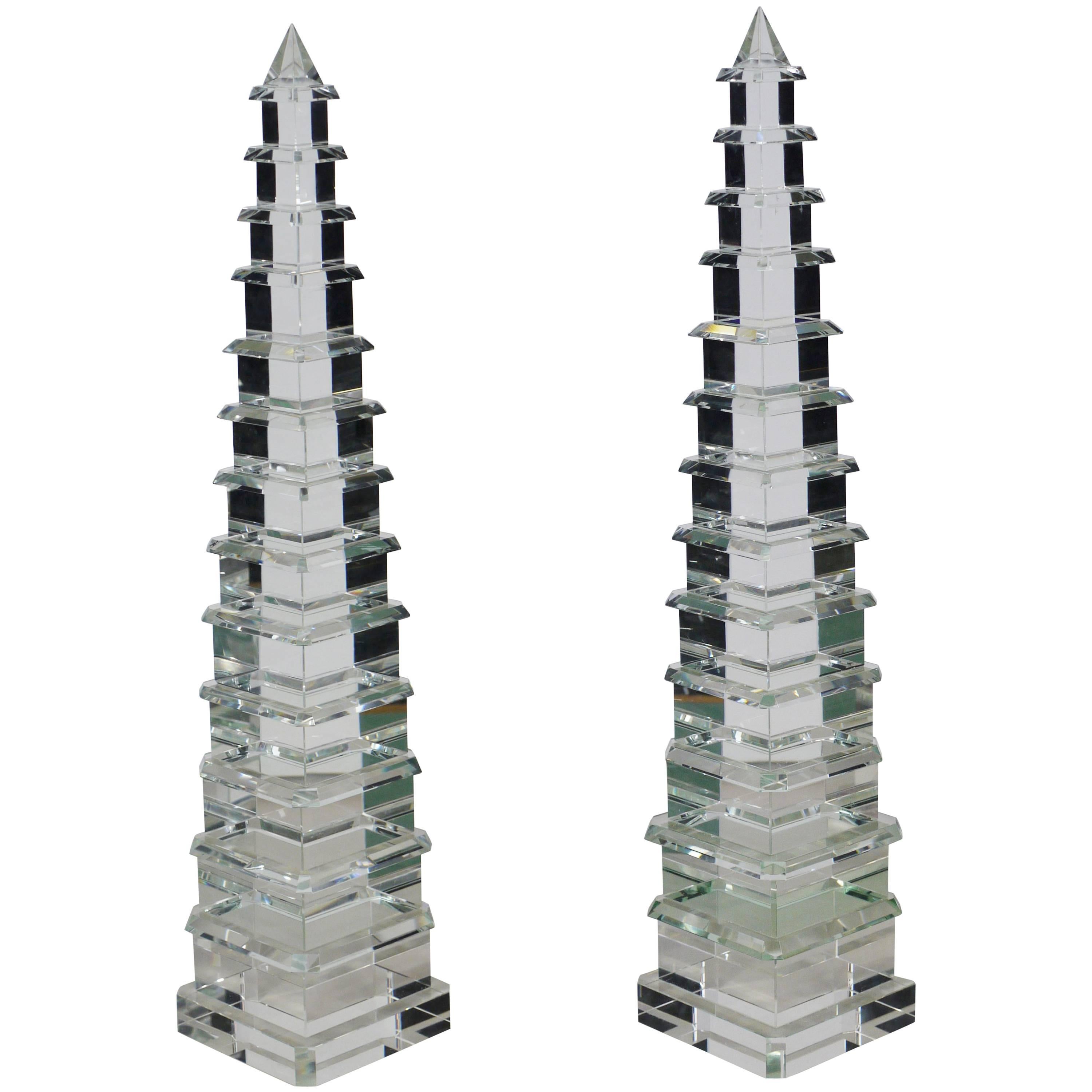 Pair of Cut Crystal Pagoda Form Obelisks