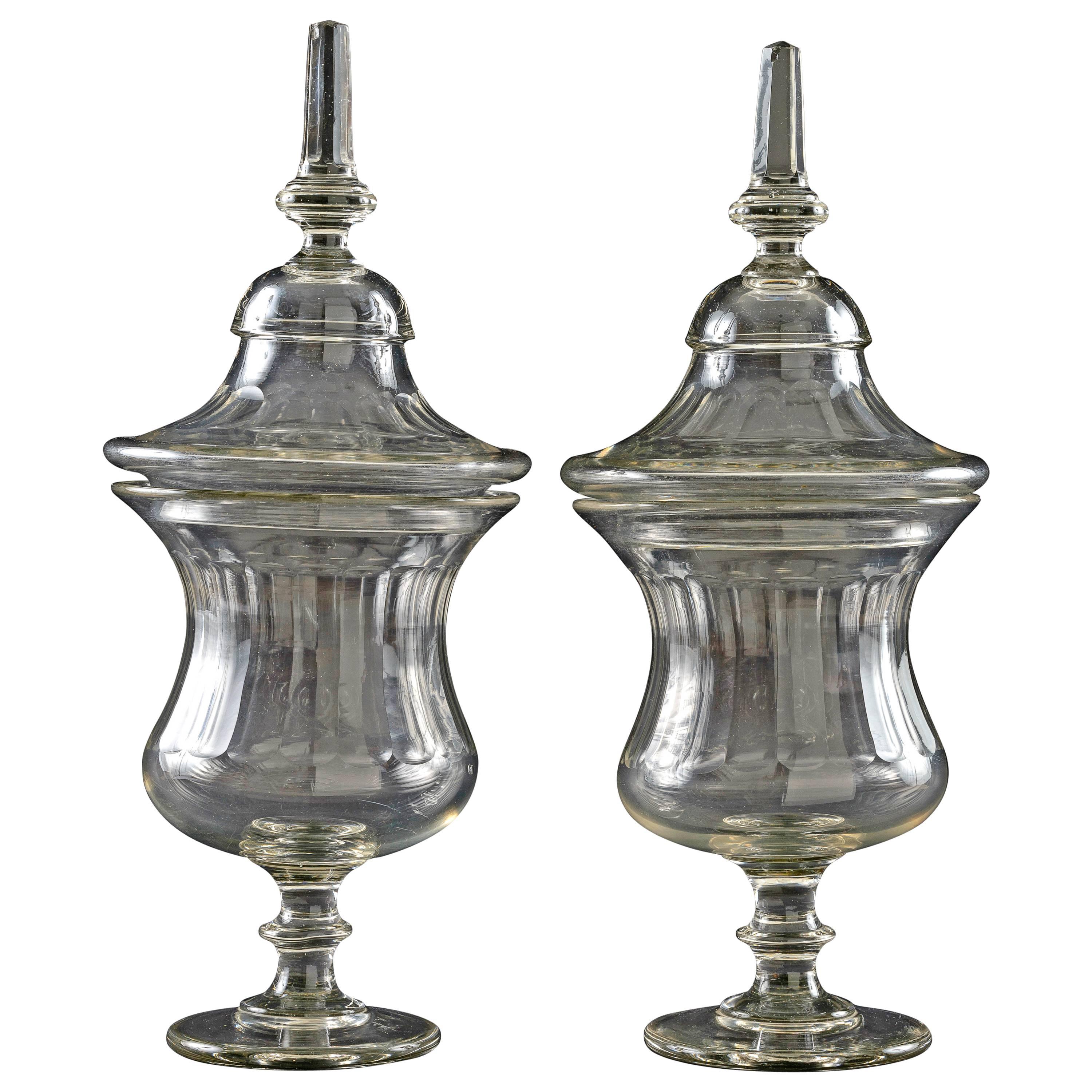 19th Century Pair of Large Cut-Glass Apothecary Jars with Faceted Finial Cover