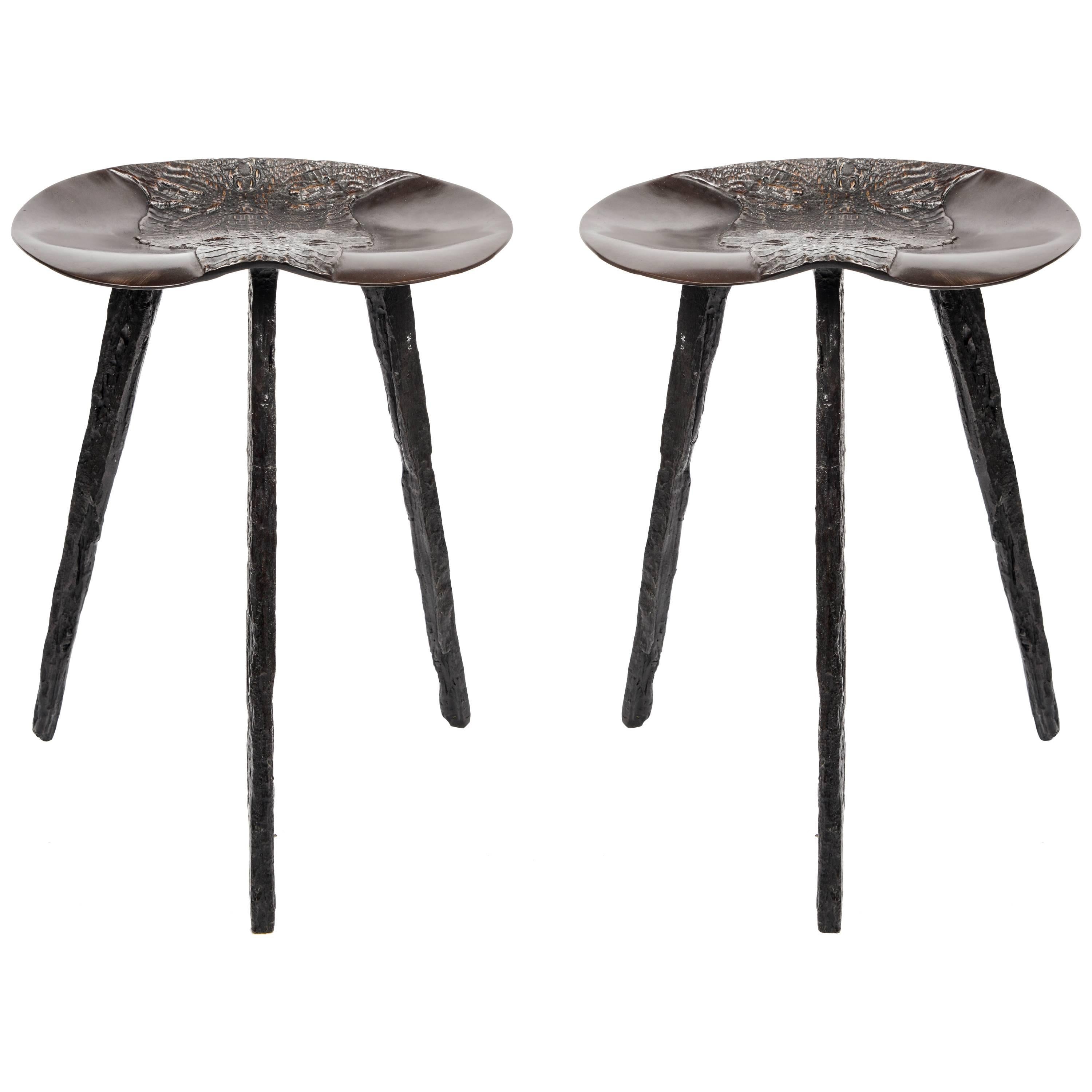 Pair of Crocodile and Bronze Stools