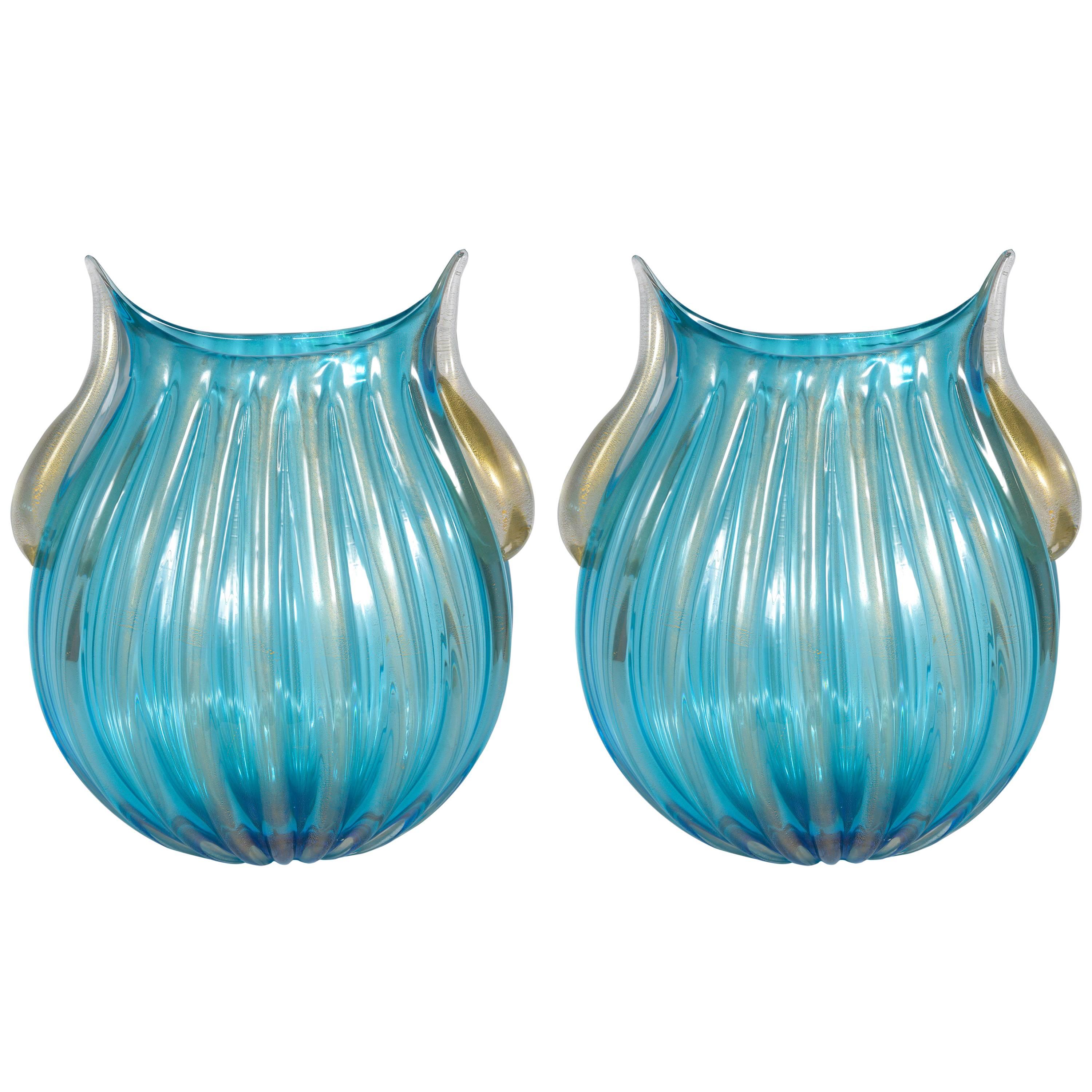 Pair of Murano Glass Vases Signed