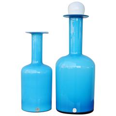 Pair Turquoise Glass Gull Vases with Rare Finial, Otto Brauer-Holmegaard