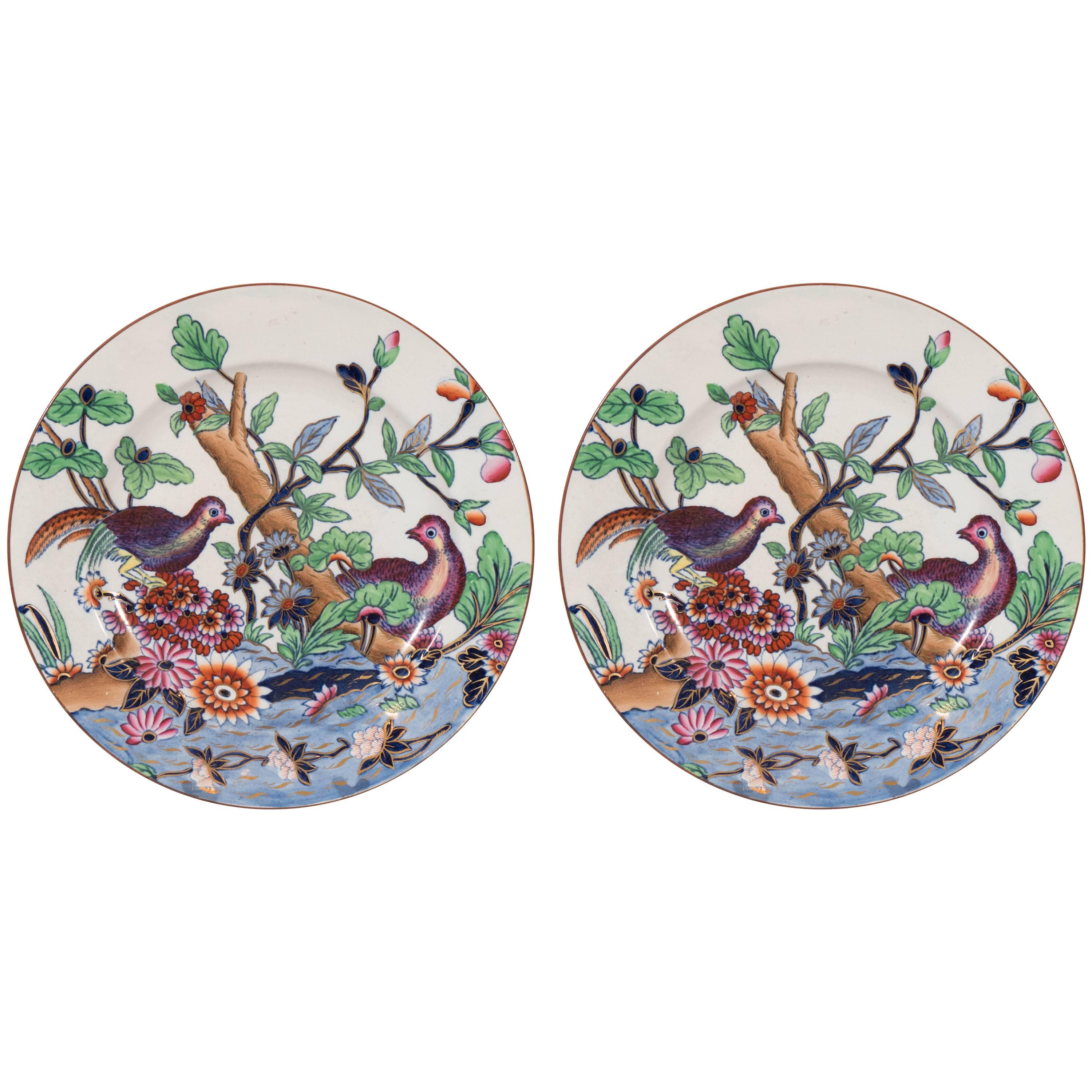 Pair of Spode Pearlware Dishes with Partridges Painted in Greens Blues 
Purple