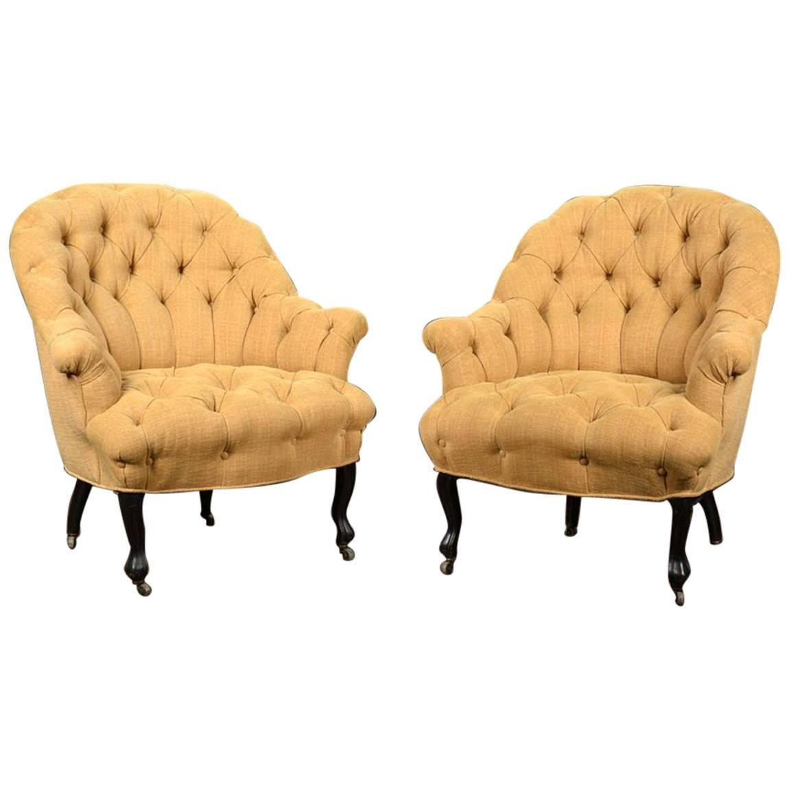 Pair of Vintage Tufted-Back Linen Chairs For Sale