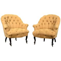 Pair of Vintage Tufted-Back Linen Chairs