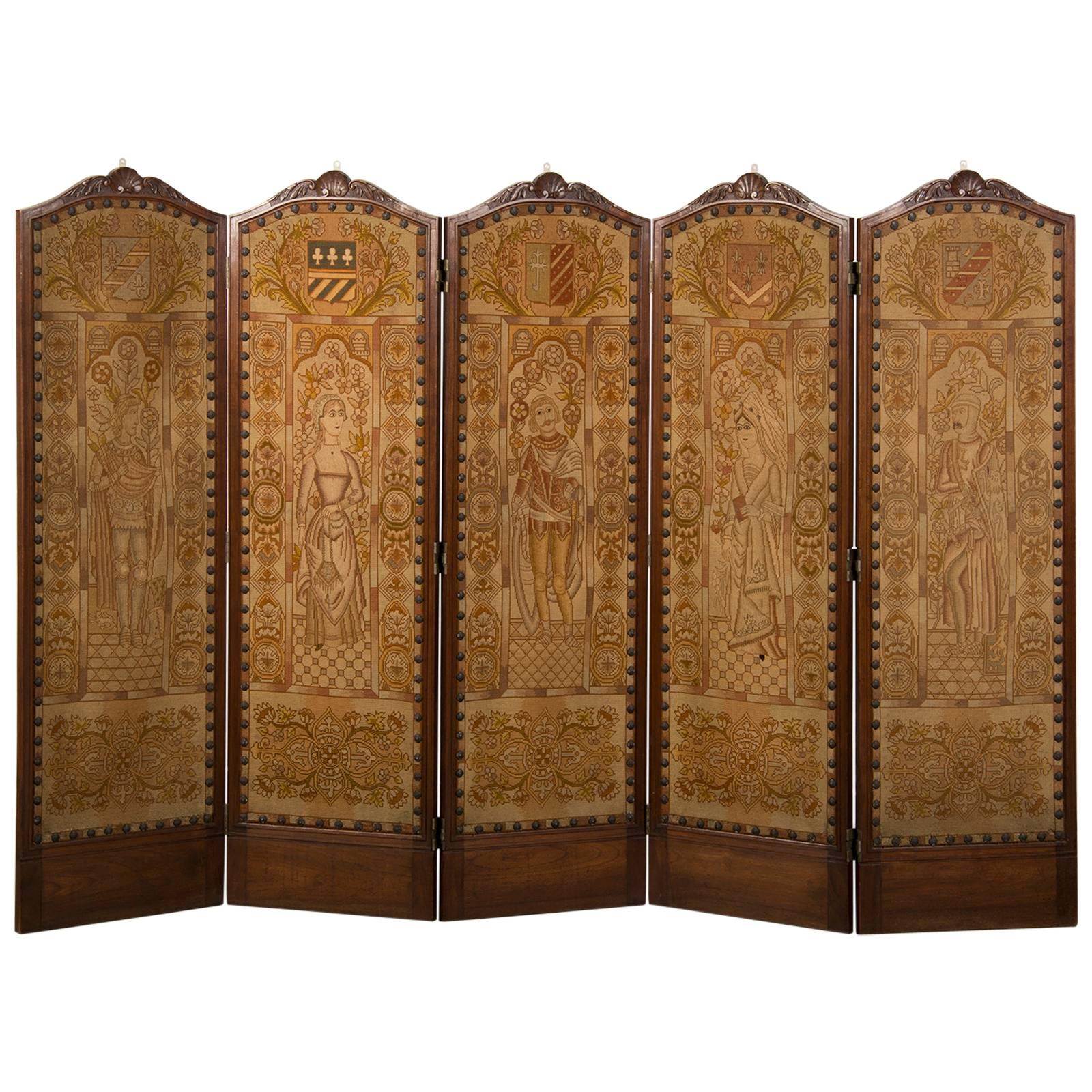 Régence Style Antique French Five-Panel Walnut Needlepoint Screen, circa 1875 For Sale