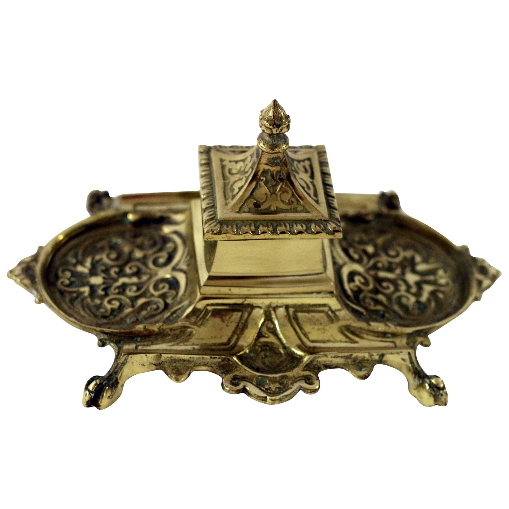 19th Century French Scrolled Repousse Inkwell