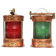 Pair of Port and Starboard Copper Ship's Navigational Lights, Midcentury