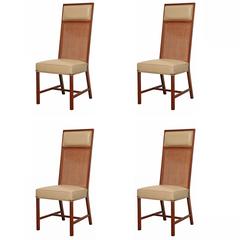 Set of Four Mid-Century Modern Walnut and Cane Side Chairs
