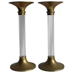 Pair of Brass and Lucite Candlesticks