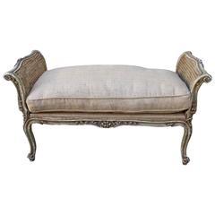 French Carved Wood & Cane Bench