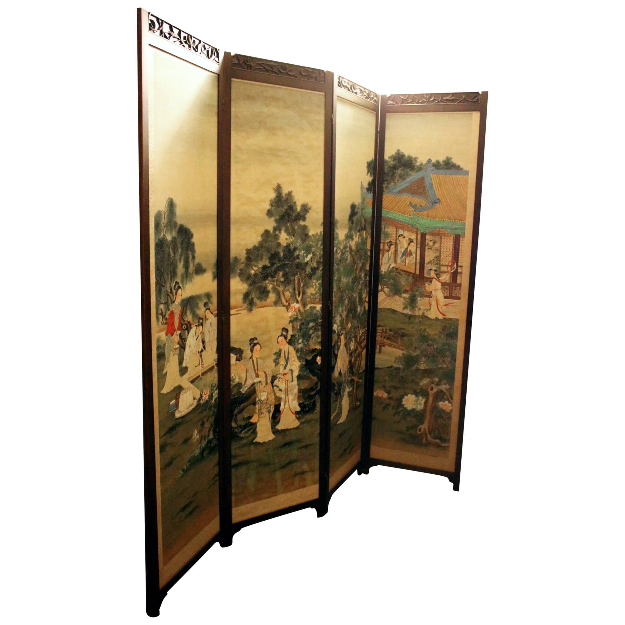 19th century Chinese FourPanel Screen in Teak Wood Frame For Sale at 1stDibs chinese screens