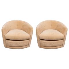 Pair of Milo Baughman Barrel Back Swivel Chairs in Creamy Velvet