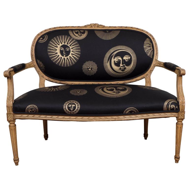 19th Century Louis XVI Style Settee with Black and Gold Fornasetti Fabric