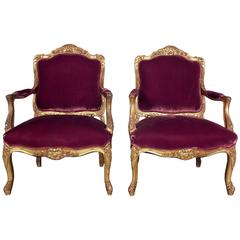 Pair of French Antique Giltwood Louis XV Bergeres