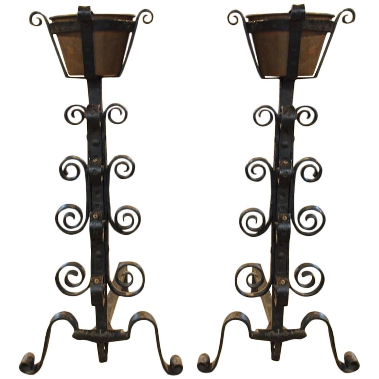 Pair of French 18th Century Andirons with Copper Vessels