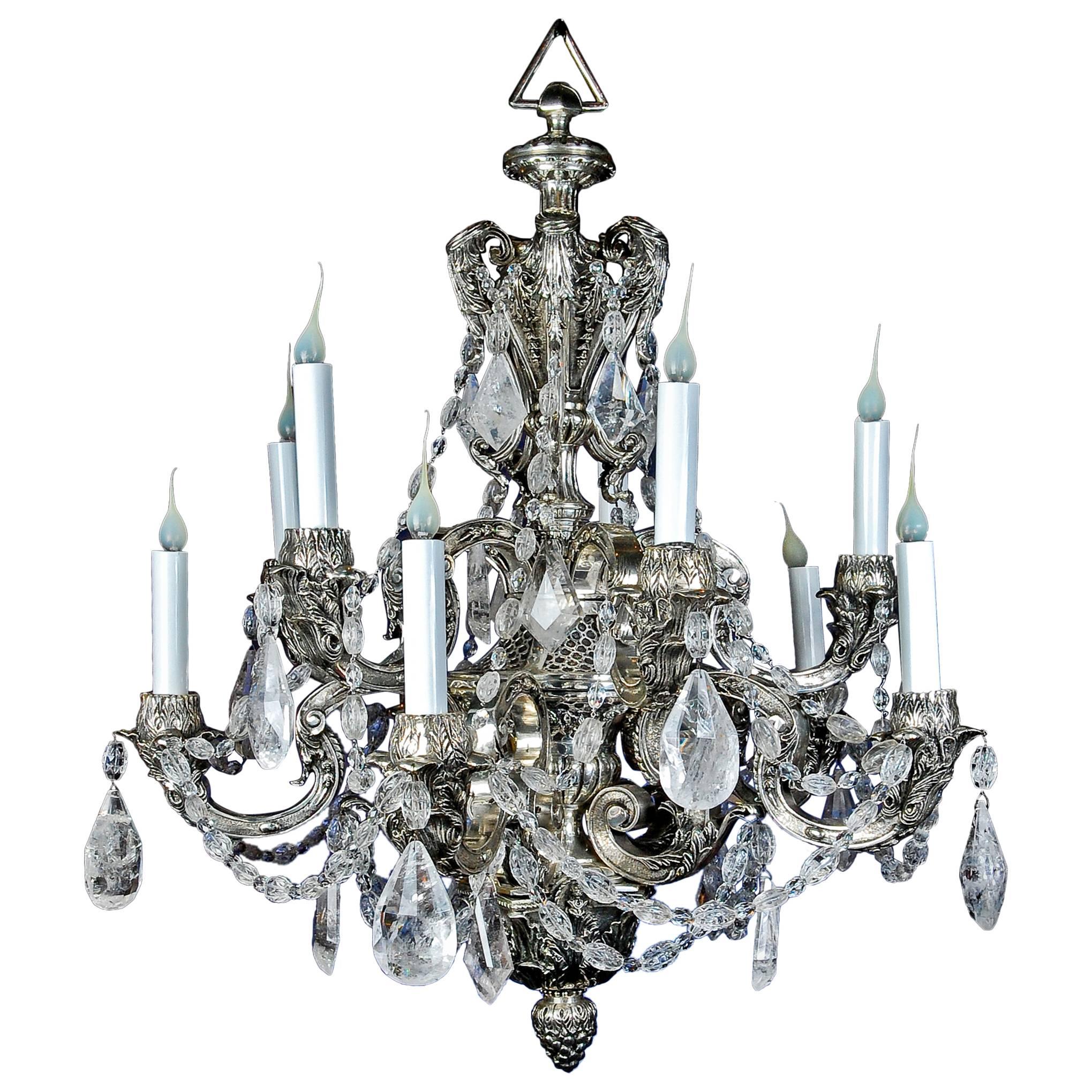 Antique French Louis XVI Style Silvered Bronze and Cut Rock Crystal Chandelier For Sale
